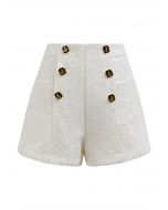 Button Decorated Sequined Tweed Shorts in White