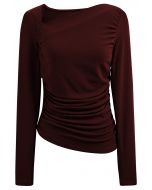 Asymmetric Neck Ruched Long Sleeve Top in Burgundy