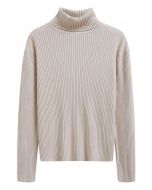 Versatile Turtleneck Ribbed Knit Sweater in Oatmeal