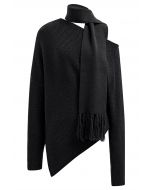 Asymmetric Ribbed Knit Sweater with Tassel Scarf in Black