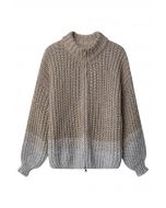 Two-Tone Sequin Chunky Knit Zip Up Cardigan in Khaki