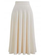 Diagonal Ribbed Pleated Knit Skirt in Cream