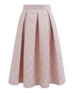 Embossed Heart Jacquard Pleated Flare Midi Skirt in Light Pink