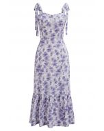 Floral Tie-Shoulder Split Midi Dress in Purple