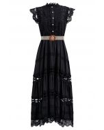 Belted Cutwork Pearly Sleeveless Maxi Dress in Black