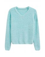 Snug V-Neck Fuzzy Knit Sweater in Mint