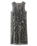 Embroidered Sequin Mesh Sleeveless Dress in Black