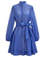 Rhinestone Decor Button Tie-Sash Organza Dress in Blue