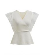 Organza Spliced Sleeveless Faux Wrap Knit Top in Ivory