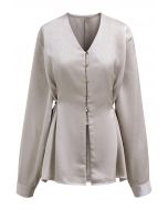 Tie Waist Button Front Texture Top in Champagne