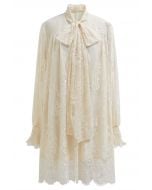 Self-Tie Bowknot Floral Lace Buttoned Dolly Dress in Cream