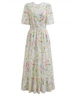 Watercolor Wild Flowers Printed Eyelet Embroidered Faux-Wrap Dress