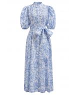 Floral Vine Printed Bubble Sleeve Buttoned Cotton Dress in Light Blue