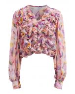 Fluttering Ruffle Floral Chiffon Crop Top