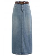 Slit Back Belted Denim Maxi Skirt in Blue