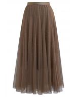 Venus Glitter Mesh Tulle Midi Skirt in Caramel