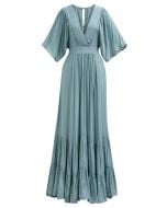 Subtle Romance Deep V-Neck Flutter Sleeve Maxi Dress in Teal