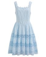 Geometric Eyelet Embroidered Square Neck Sleeveless Dress in Light Blue