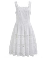 Geometric Eyelet Embroidered Square Neck Sleeveless Dress in White