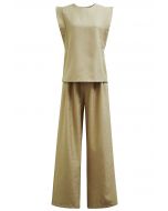 Chic Sleeveless Top and Flowy Wide-Leg Pants Set in Khaki