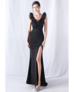 Organza Ruffle Trim Satin Slit Mermaid Gown in Black