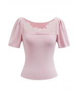 Lace Spliced Square Neckline Knit Top in Pink