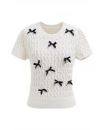 Endearing Bowknot Embellished Short Sleeve Knit Top in White