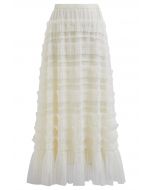 Ruffle Lace Mesh Tulle Maxi Skirt in Cream