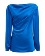 Asymmetric Ruched Satin Long Sleeve Top in Blue