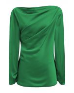 Asymmetric Ruched Satin Long Sleeve Top in Green