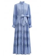Crochet Panelled Tie-Waist Button Down Dress in Blue