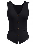 Cutout Back Buttoned Sleeveless Knit Top in Black