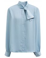 Tie-Neck Button Down Satin Shirt in Blue