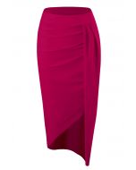 Ruched Asymmetric Wrap Cover-Up Skirt in Hot Pink