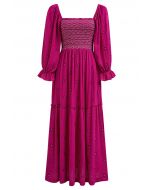 Floret Embroidery Square Neck Midi Dress in Hot Pink