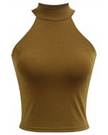 Solid Halter Neck Crop Top in Camel