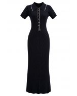 Collared Buttoned Short Sleeve Bodycon Knit Dress in Black
