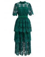 Cutwork Lace Belted Tiered Maxi Dress in Dark Green