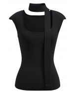 Square Neck Sleeveless Knit Top with Sash in Black