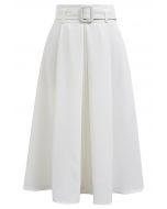 Refined Pleated Belt Midi Skirt in White