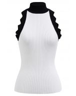 Wavy Contrast Edge Halter Neck Knit Top in White