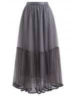 Piping Hem Mesh Tulle Midi Skirt in Grey