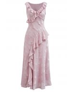 Burnout Rose Ruffle Edge V-Neck Midi Dress in Pink