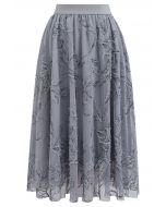 Metallic Thread Fuzzy Floral Mesh Midi Skirt in Grey