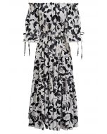 Off-Shoulder Frilling Cotton Dress in Black Floral