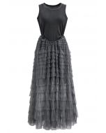 Tiered Mesh Spliced Sleeveless Maxi Dress in Smoke