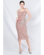 Glitzy Sequin Split Velvet Cami Gown in Pink