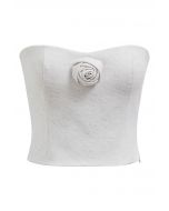 3D Rose Shirred Back Tube Top in Ivory