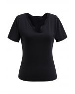 Scalloped V-Neck Short Sleeve T-Shirt in Black