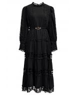 Belted Cutwork Lace Trim Bubble Sleeve Midi Dress in Black